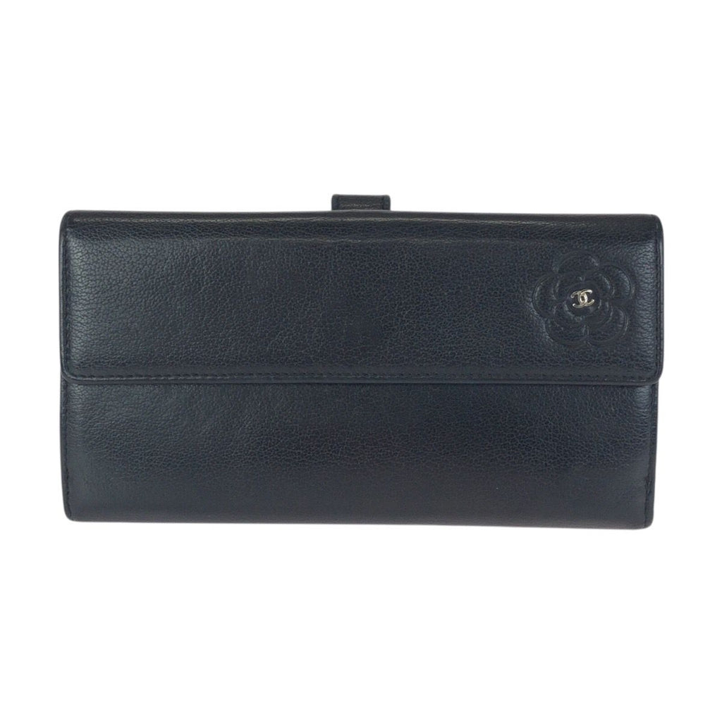Chanel Camellia CC Logo Black Silver Leather Wallet