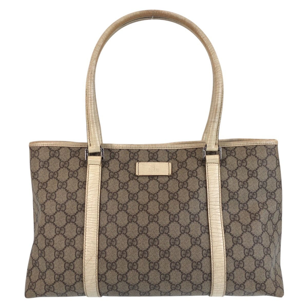 Gucci Beige White GG Supreme Canvas Leather Tote Shoulder
