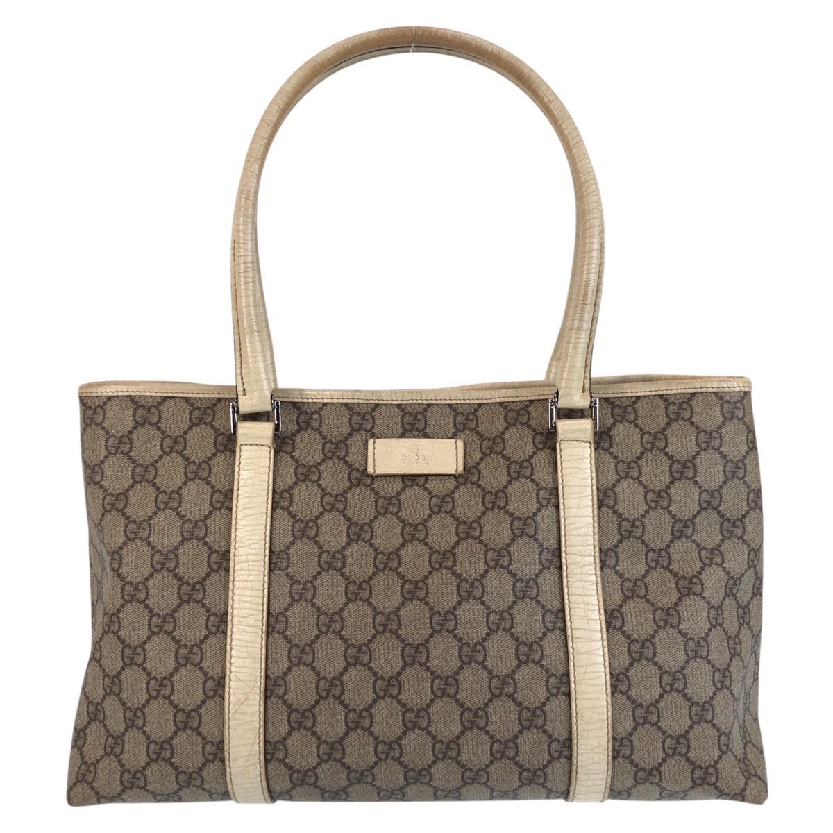 Gucci Beige White GG Supreme Canvas Leather Tote Shoulder