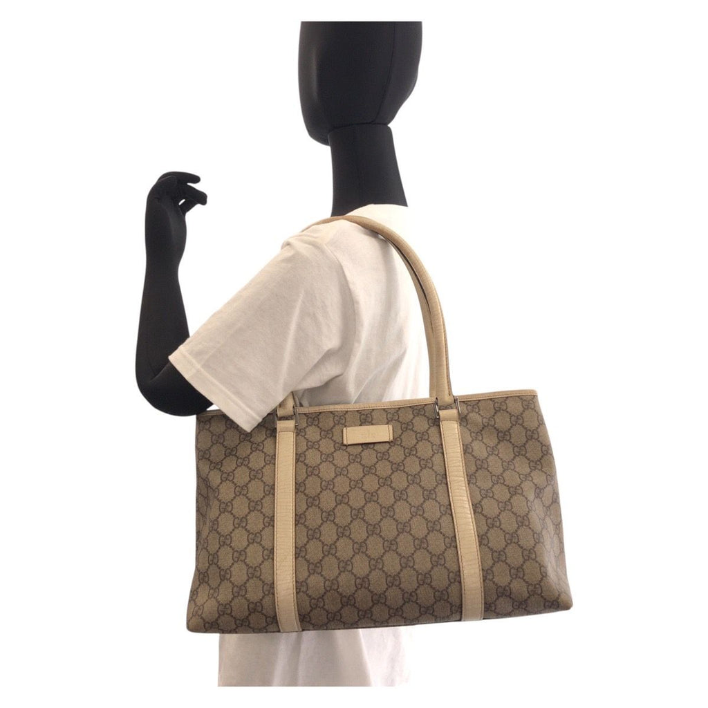 Gucci Beige White GG Supreme Canvas Leather Tote Shoulder — view 6