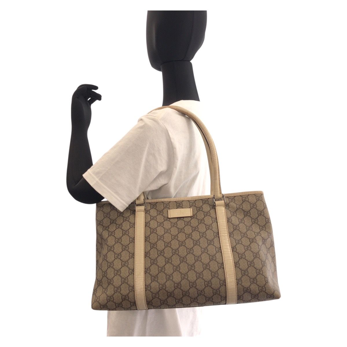 Gucci Beige White GG Supreme Canvas Leather Tote Shoulder — view 6