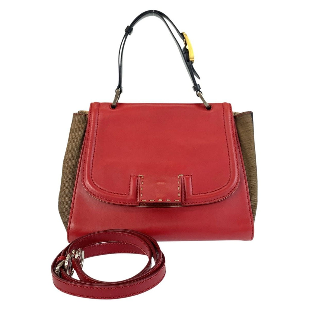 Fendi Pecan Silvana Red Brown Leather Canvas 2-Way Shoulder