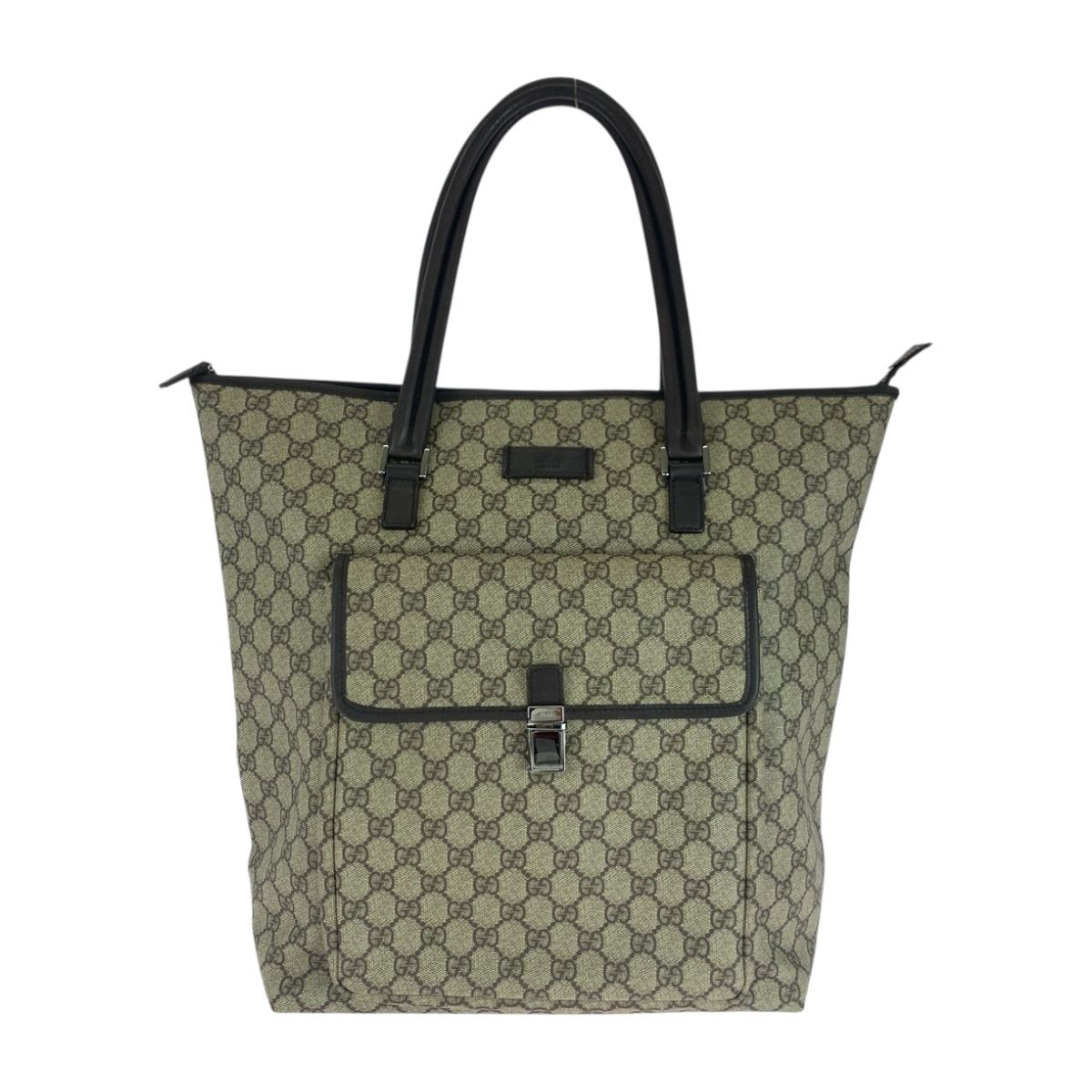Gucci Beige Brown Silver GG Supreme Canvas Tote Shoulder