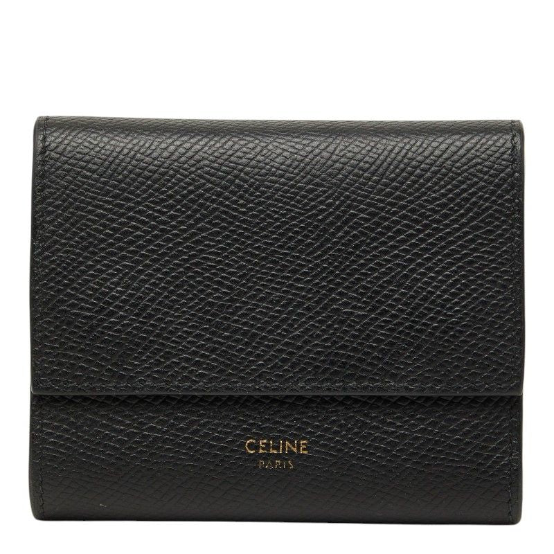 Celine Small Trifold Wallet Compact Black Gray Calf Leather