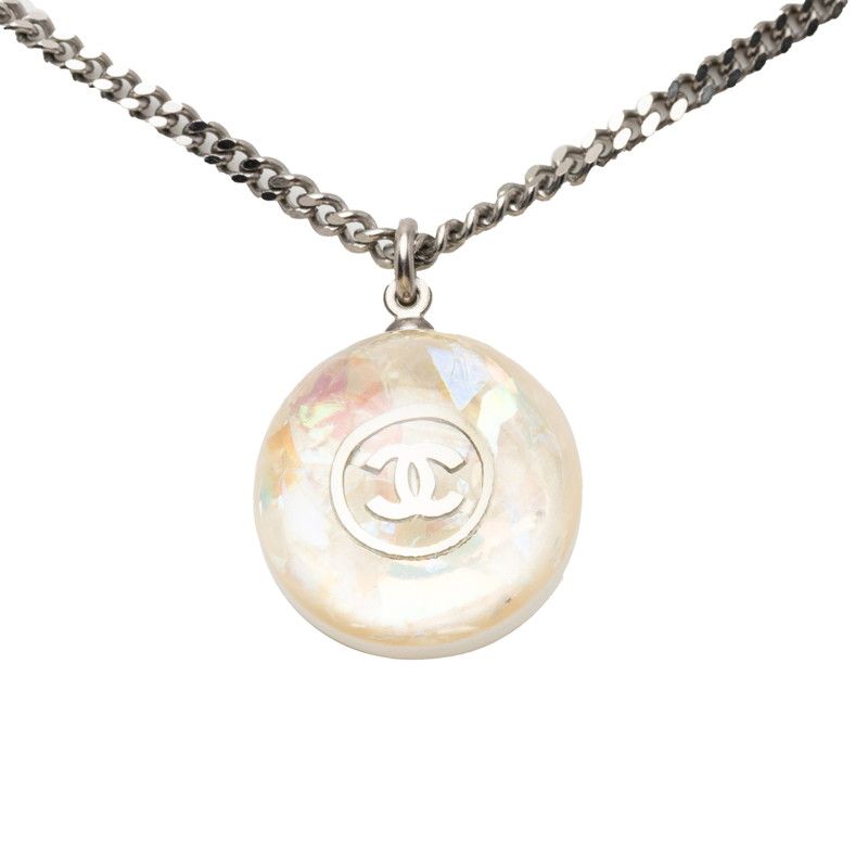 Chanel CC Logo Ball Necklace White Clear Silver Resin Based Metal