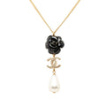 Chanel CC Logo Camellia Necklace Gold Black Plated Faux Pearl Rhinestone