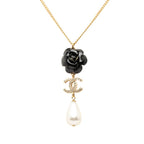 Chanel CC Logo Camellia Necklace Gold Black Plated Faux Pearl Rhinestone