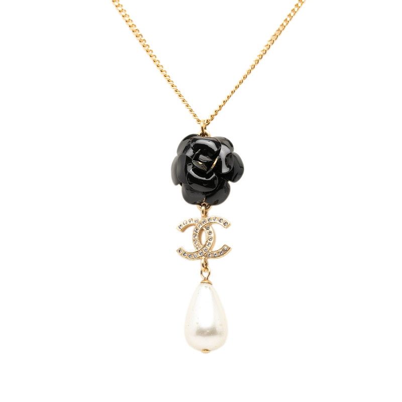 Chanel CC Logo Camellia Necklace Gold Black Plated Faux Pearl Rhinestone