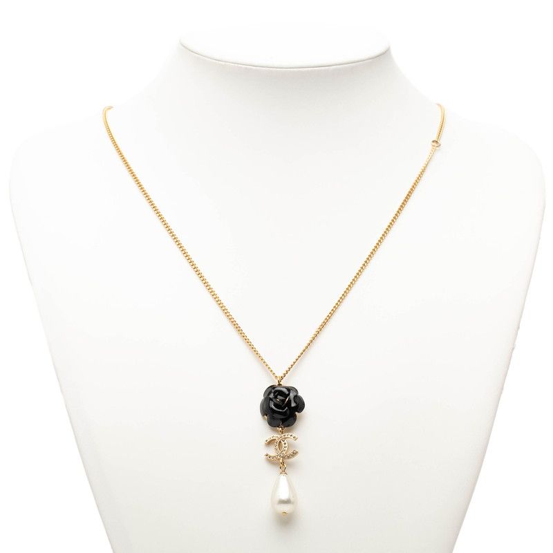 Chanel CC Logo Camellia Necklace Gold Black Plated Faux Pearl Rhinestone — view 6