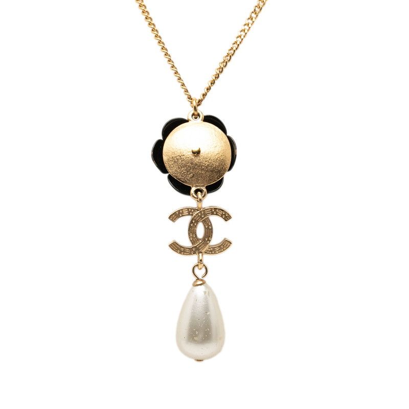 Chanel CC Logo Camellia Necklace Gold Black Plated Faux Pearl Rhinestone — view 2