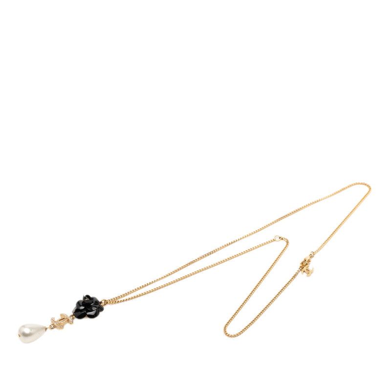 Chanel CC Logo Camellia Necklace Gold Black Plated Faux Pearl Rhinestone — view 3