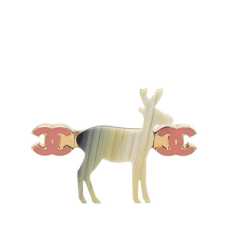 Chanel CC Logo Reindeer Motif Brooch Gold Pink Multicolor Plastic Plated