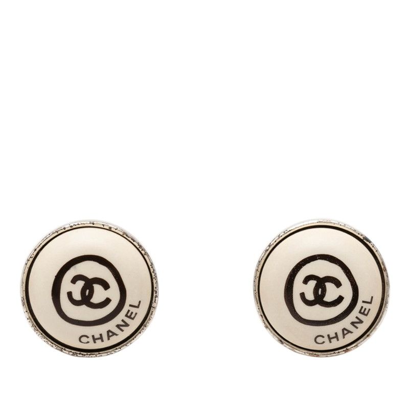 Chanel CC Logo Earrings Silver and White Metal