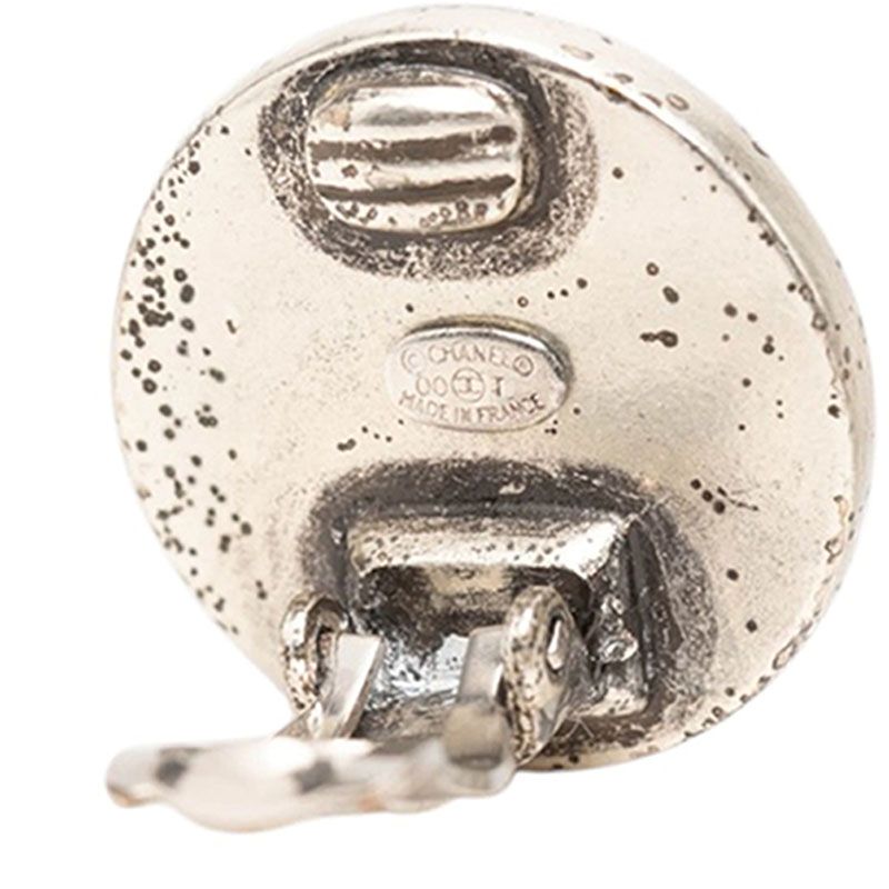 Chanel CC Logo Earrings Silver and White Metal — view 3