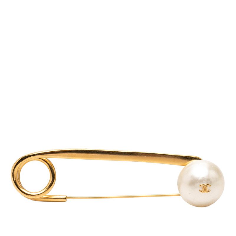 Chanel CC Logo Vintage Brooch Safety Pin Gold Plated Faux Pearl