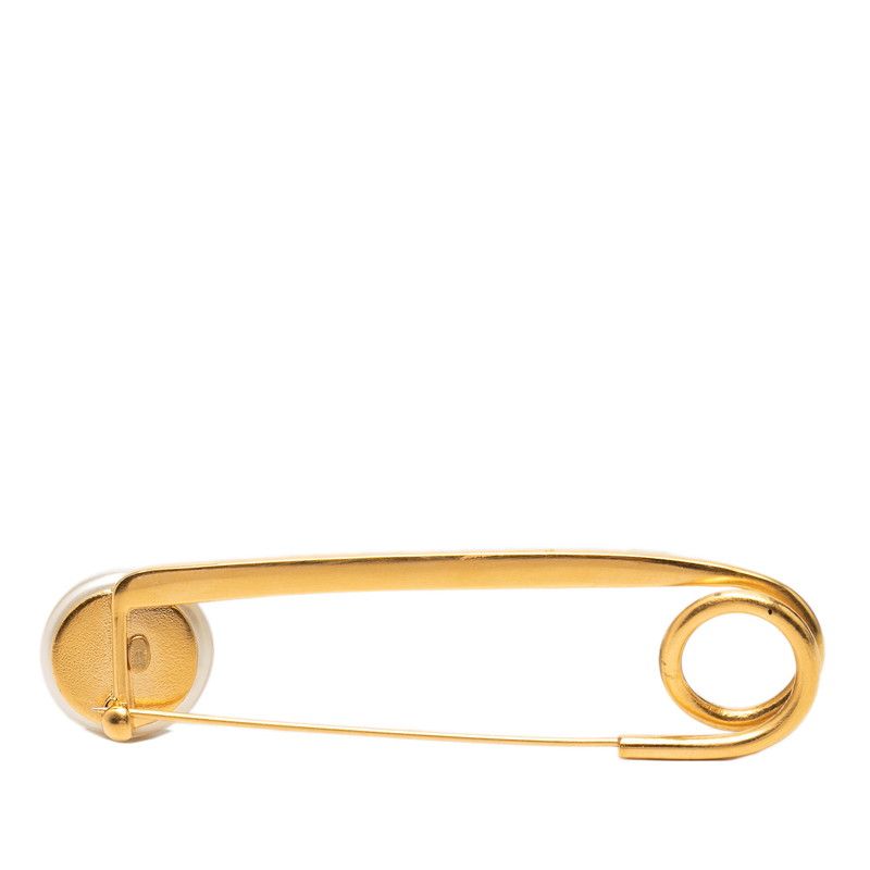 Chanel CC Logo Vintage Brooch Safety Pin Gold Plated Faux Pearl — view 2