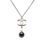 Chanel CC Logo Necklace Black Plated Faux Pearl