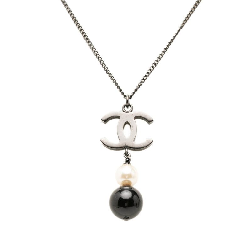 Chanel CC Logo Necklace Black Plated Faux Pearl