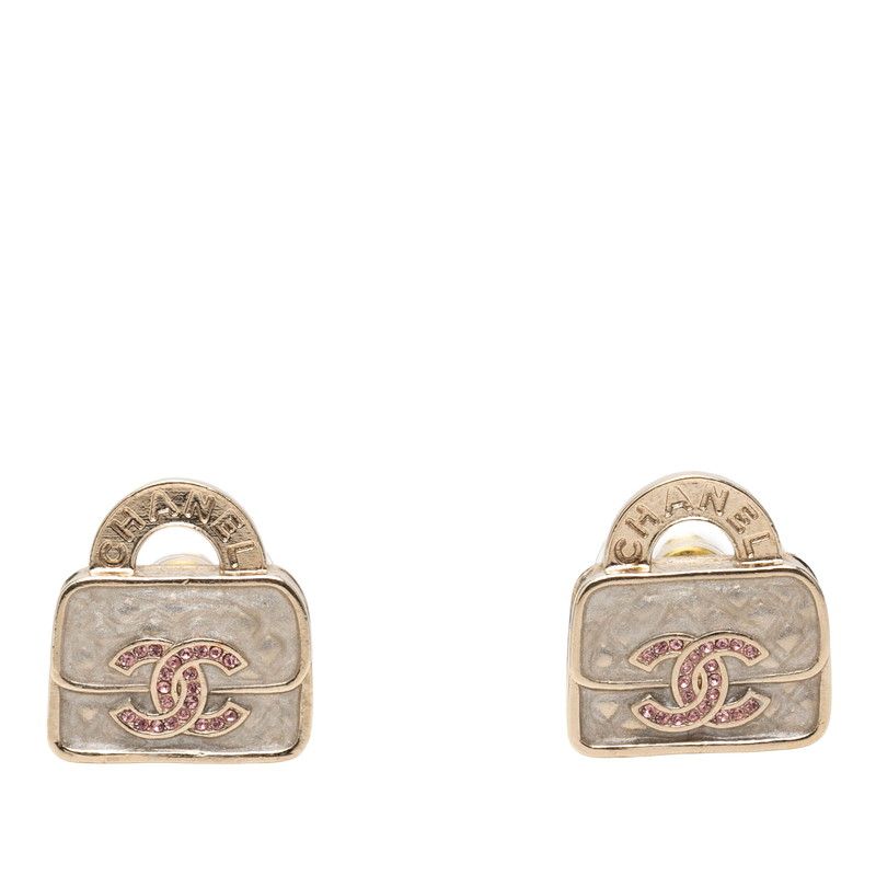 Chanel CC Logo Bag Motif Earrings Gold Plated Pink Rhinestone