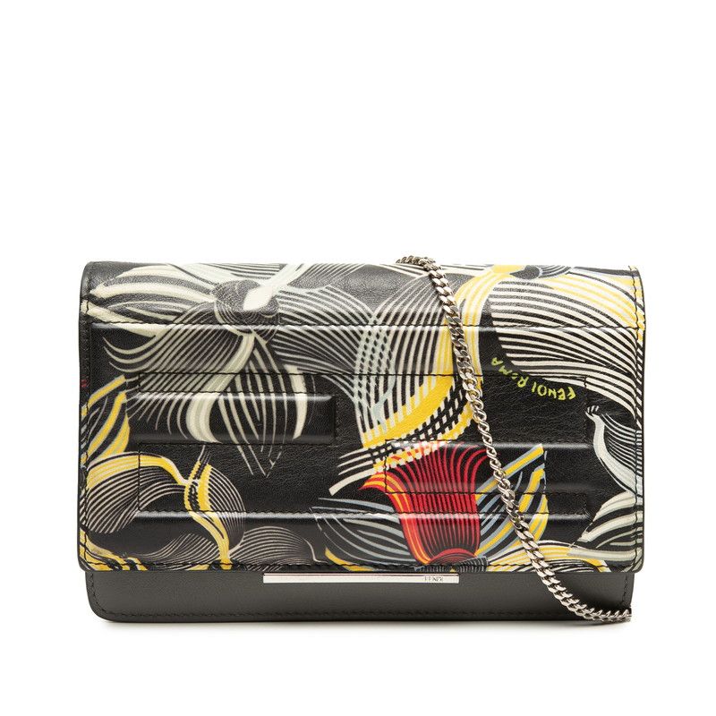 Fendi Botanical Print Chain Wallet Shoulder Bag Black Gray Multicolor Leather