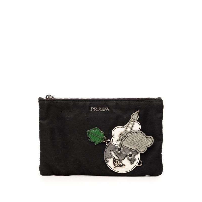 Prada Triangular Patchwork Pouch Case Black Multicolor Nylon Saffiano Leather