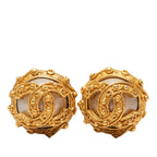 Chanel CC Logo Vintage Round Earrings 94 Gold Plated Faux Pearl