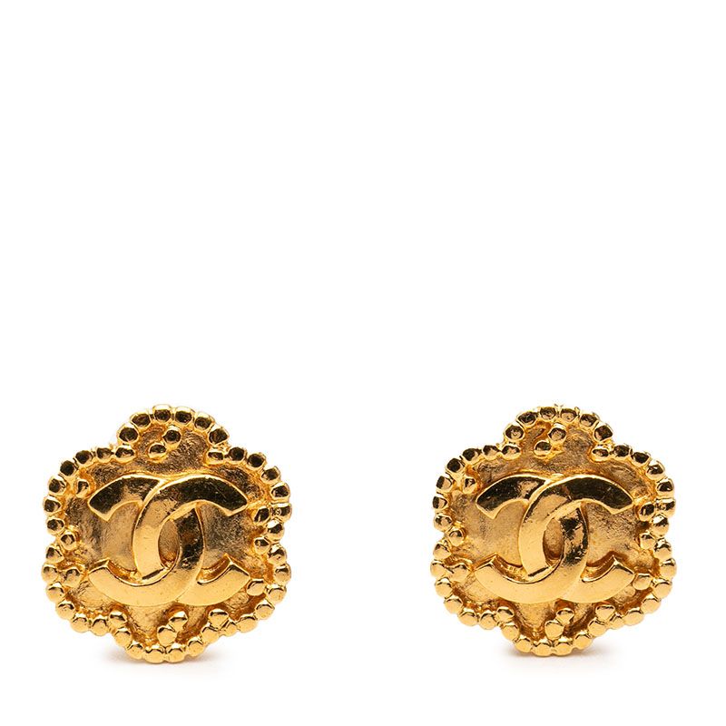 Chanel CC Logo Flower Motif Vintage Earrings 96 Gold Plated
