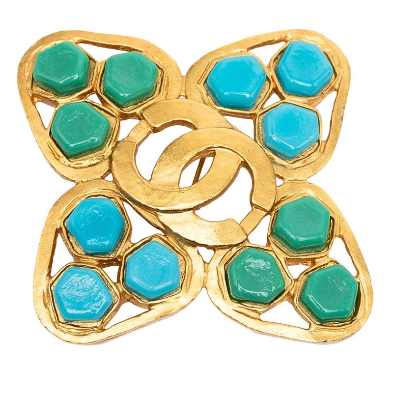 Chanel CC Logo Vintage Brooch 95 Gold Blue Green Plated Stone
