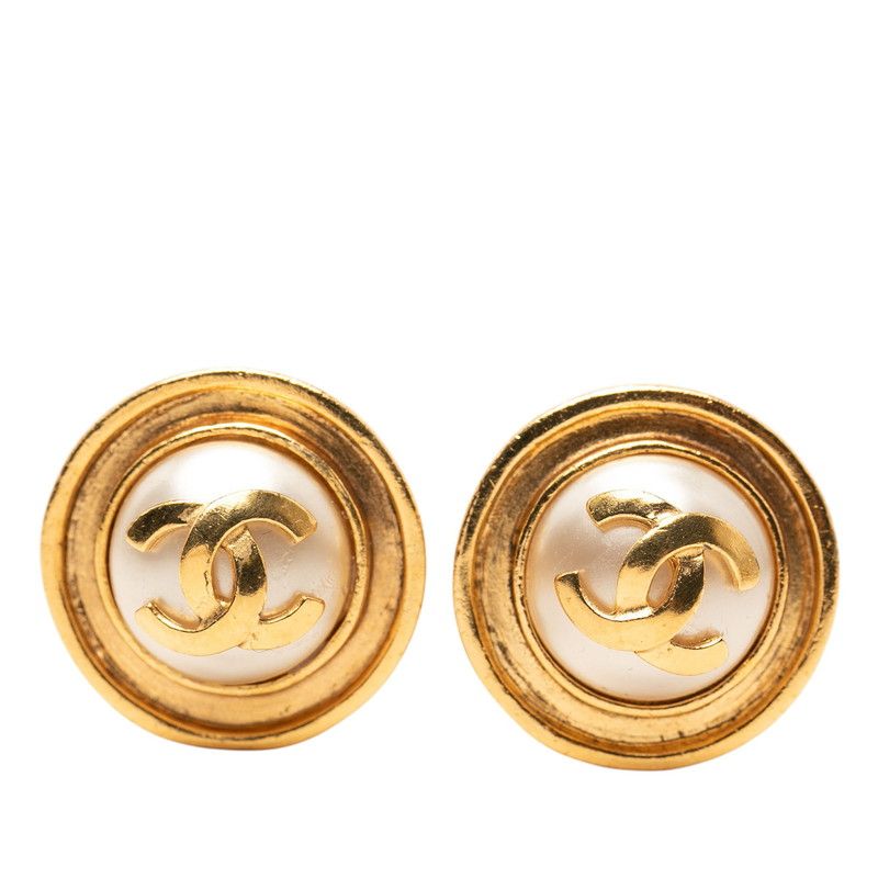 Chanel CC Logo Vintage Round Earrings 95 Gold Plated Faux Pearl