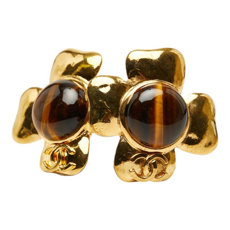 Chanel CC Logo Clover Motif Earrings Gold Plated Brown