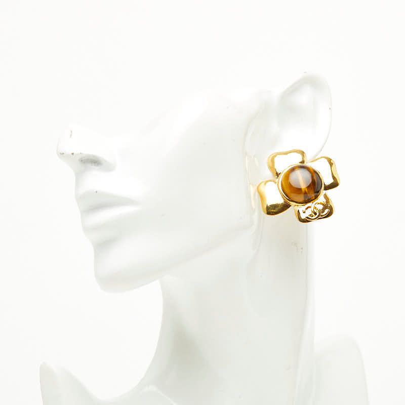 Chanel CC Logo Clover Motif Earrings Gold Plated Brown — view 5