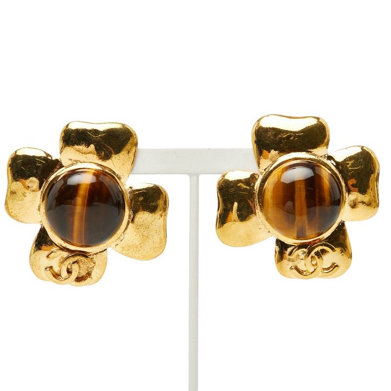 Chanel CC Logo Clover Motif Earrings Gold Plated Brown — view 2