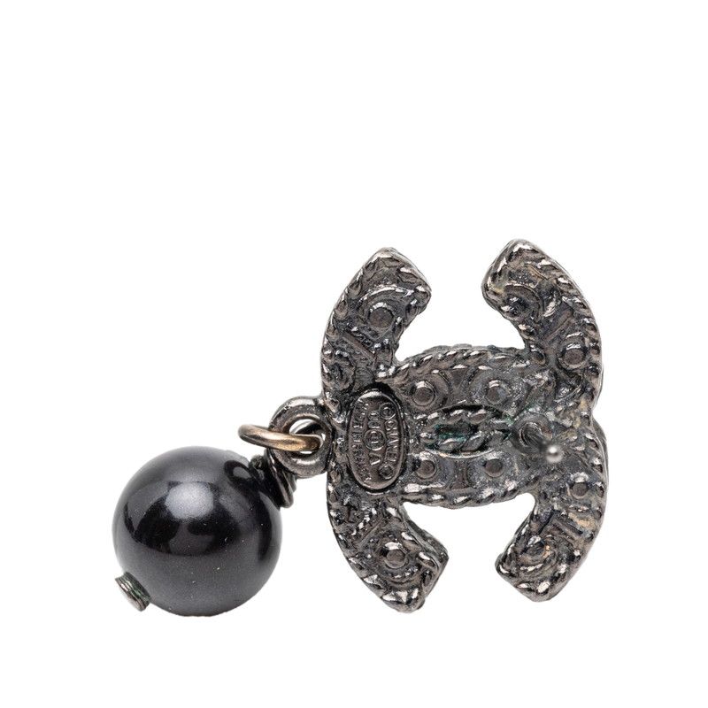 Chanel CC Logo Stud Earrings Silver Black Metal — view 3