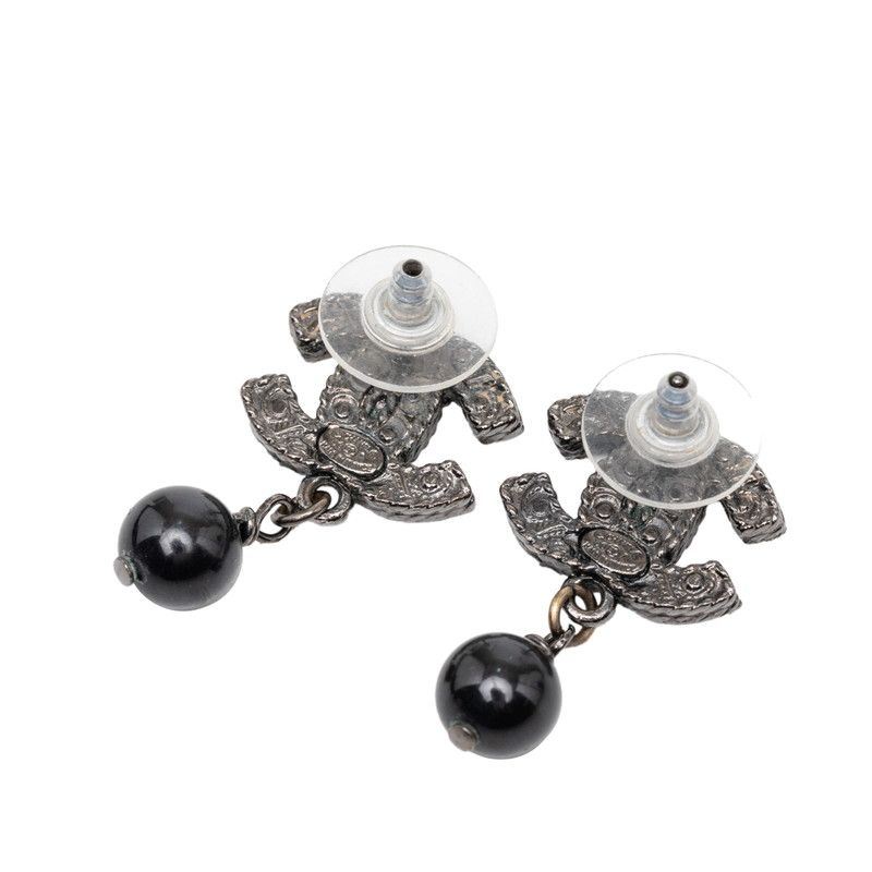 Chanel CC Logo Stud Earrings Silver Black Metal — view 2