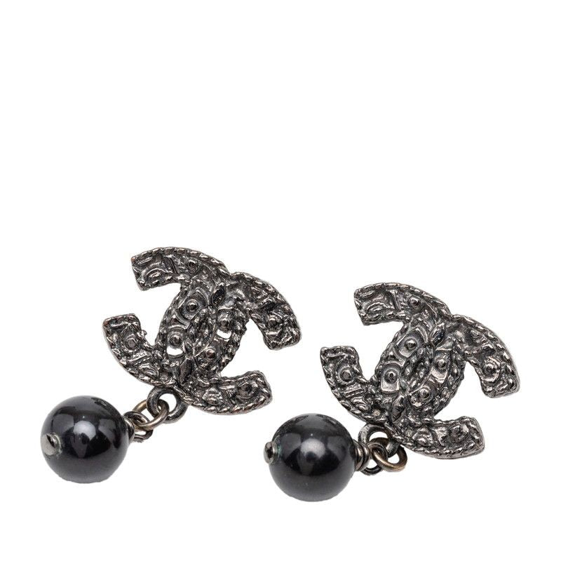 Chanel CC Logo Stud Earrings Silver Black Metal