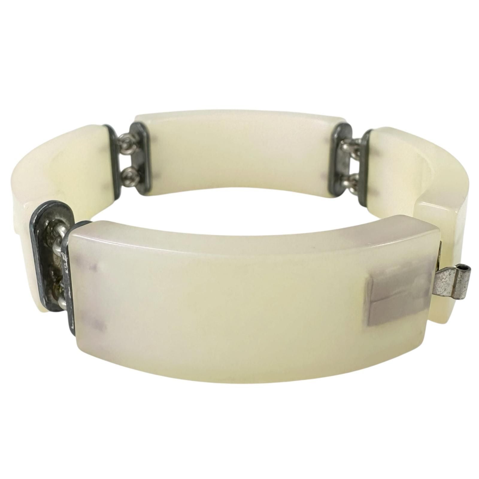 Chanel Logo Plastic White Bangle Silver Bracelet — view 5