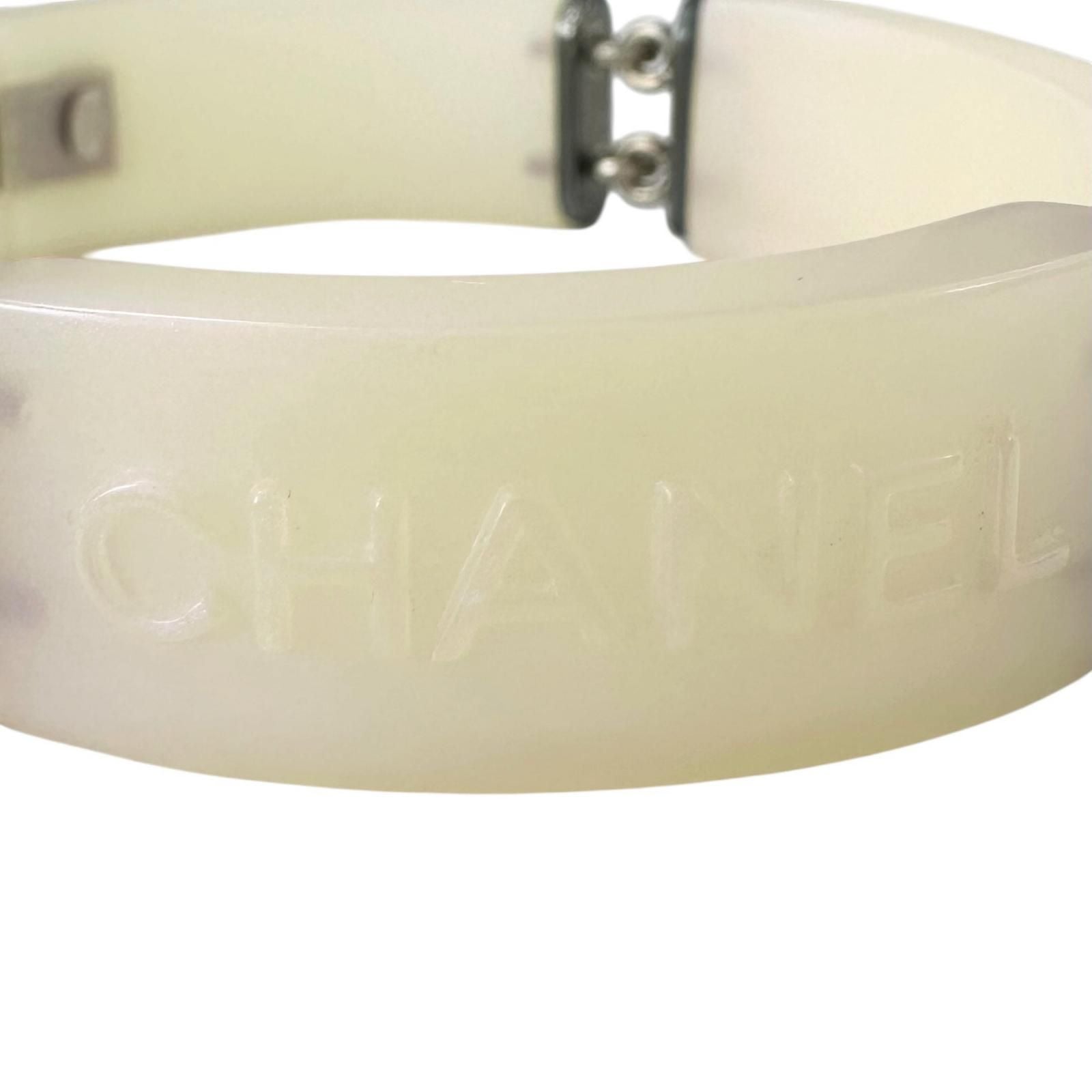 Chanel Logo Plastic White Bangle Silver Bracelet — view 7