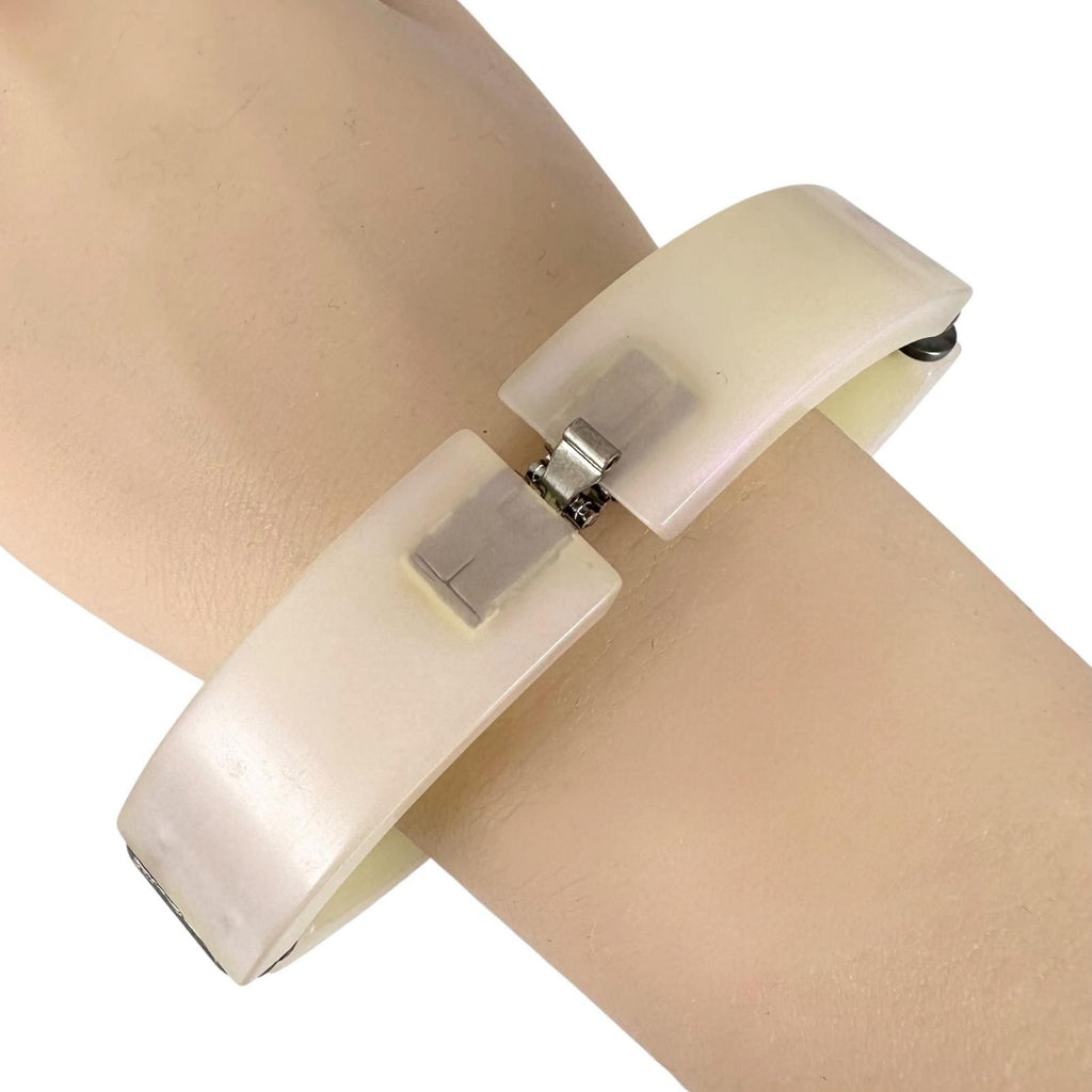 Chanel Logo Plastic White Bangle Silver Bracelet — view 3