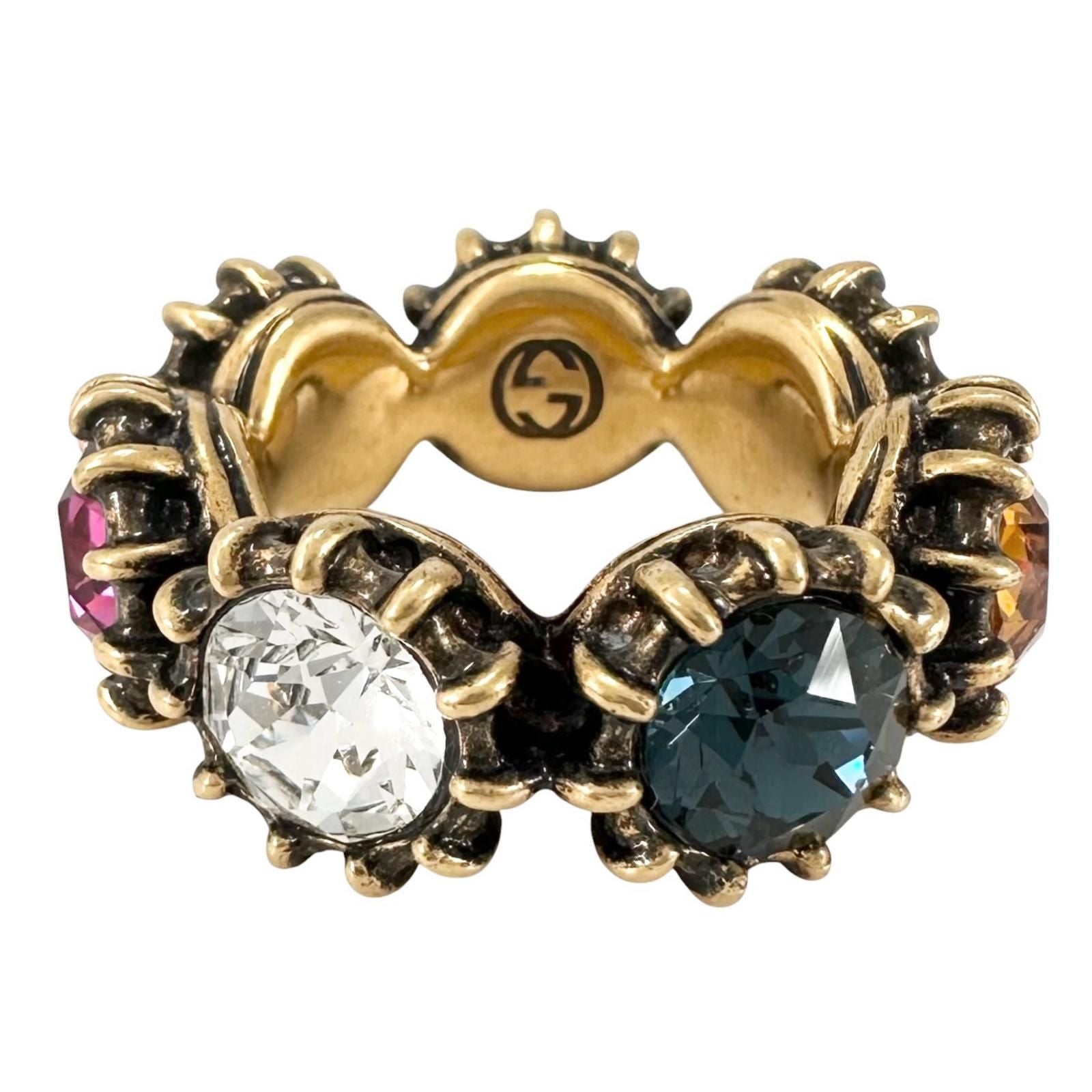 Gucci Cat Head Rhinestone Gold Multicolor Ring — view 3