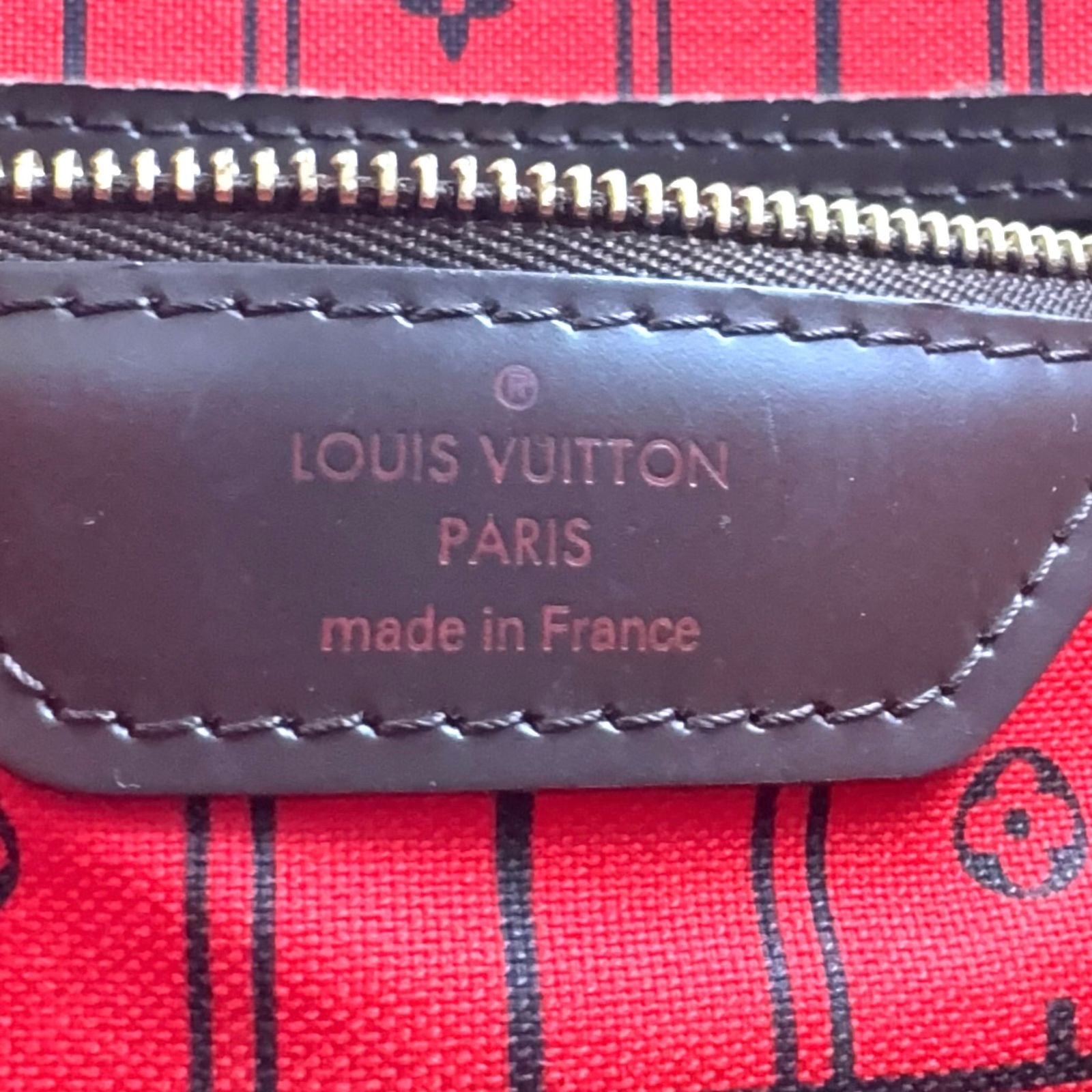 Louis Vuitton Neverfull Damier Ebene Leather Brown Red Tote Gold — view 4
