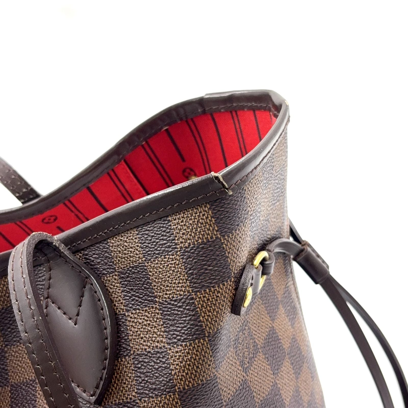 Louis Vuitton Neverfull Damier Ebene Leather Brown Red Tote Gold — view 8