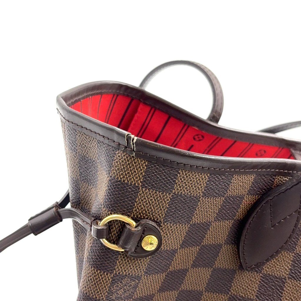 Louis Vuitton Neverfull Damier Ebene Leather Brown Red Tote Gold — view 9