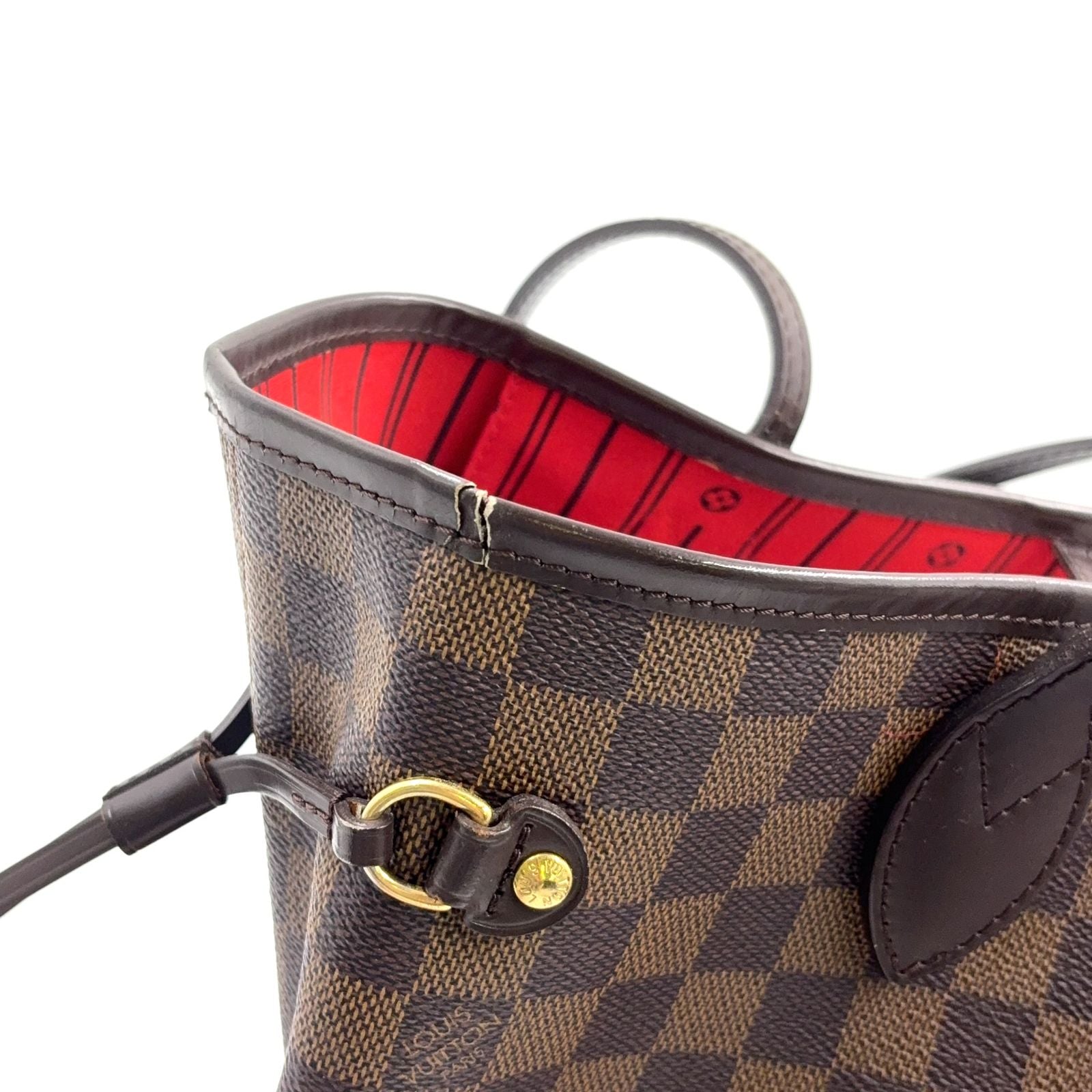 Louis Vuitton Neverfull Damier Ebene Leather Brown Red Tote Gold — view 9