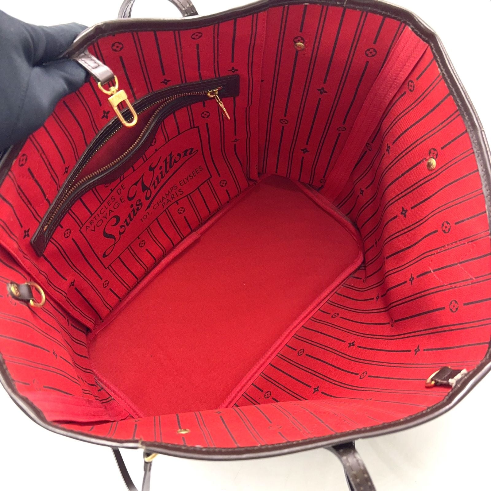Louis Vuitton Neverfull Damier Ebene Leather Brown Red Tote Gold — view 3