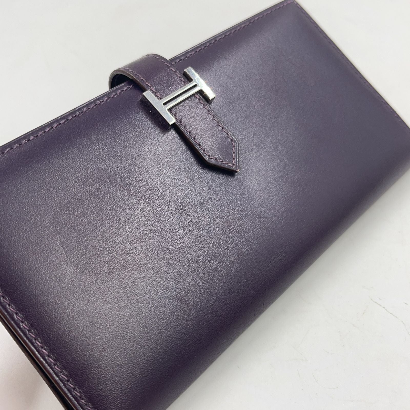 Hermes Bearn ?stamp Leather Dark Purple Wallet Silver — view 5
