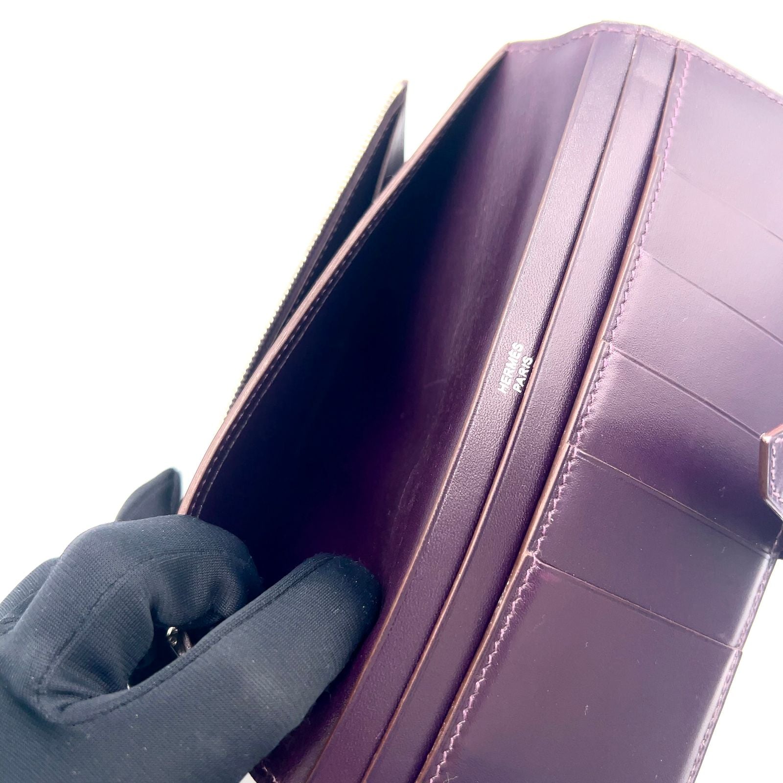 Hermes Bearn ?stamp Leather Dark Purple Wallet Silver — view 8