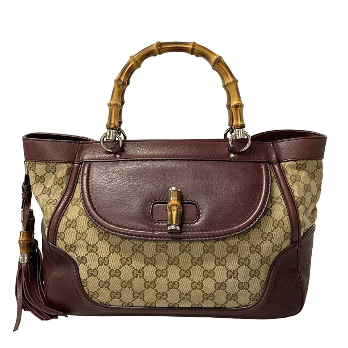Gucci Shoulder Bag Bamboo GG Pattern Beige Dark Brown Bordeaux Leather