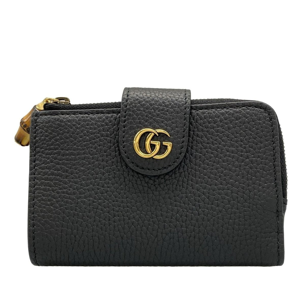 Gucci Bifold Wallet Bamboo Double Compact Black Leather