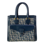 Dior Handbag Logo Glam White Dark Navy Gold Leather