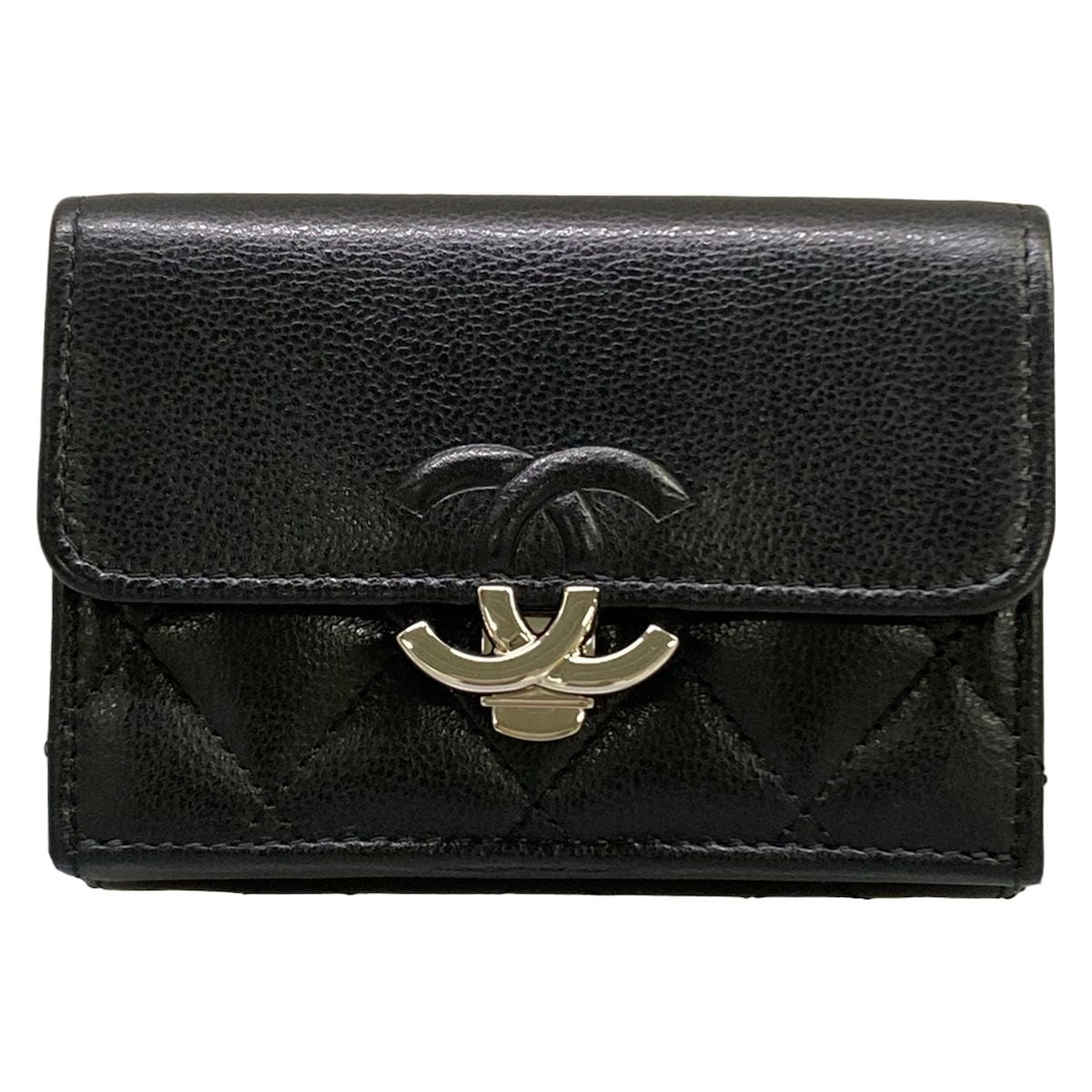 Chanel Trifold Wallet Small Flap Walletmatelasse Black Double Coco Clip Silver